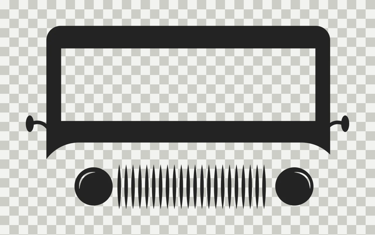 Front view of a vehicle silhouette Illustration with black rectangular windshield frame, vertical grille bars, two round headlights and side mirrors in white transparency and detail preview thumbnail