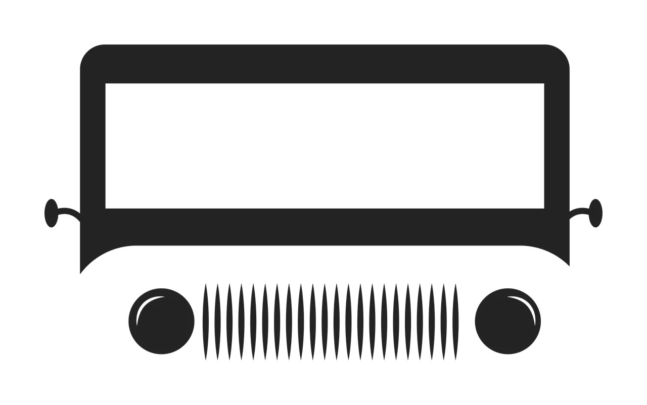 Front view of a vehicle silhouette Illustration with black rectangular windshield frame, vertical grille bars, two round headlights and side mirrors in white