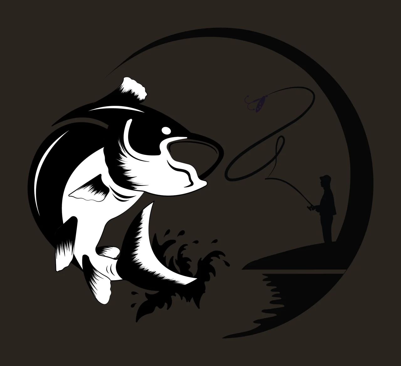 Fisherman Fish Fishing Silhouette With Jumping leaping rod contrast preview thumbnail