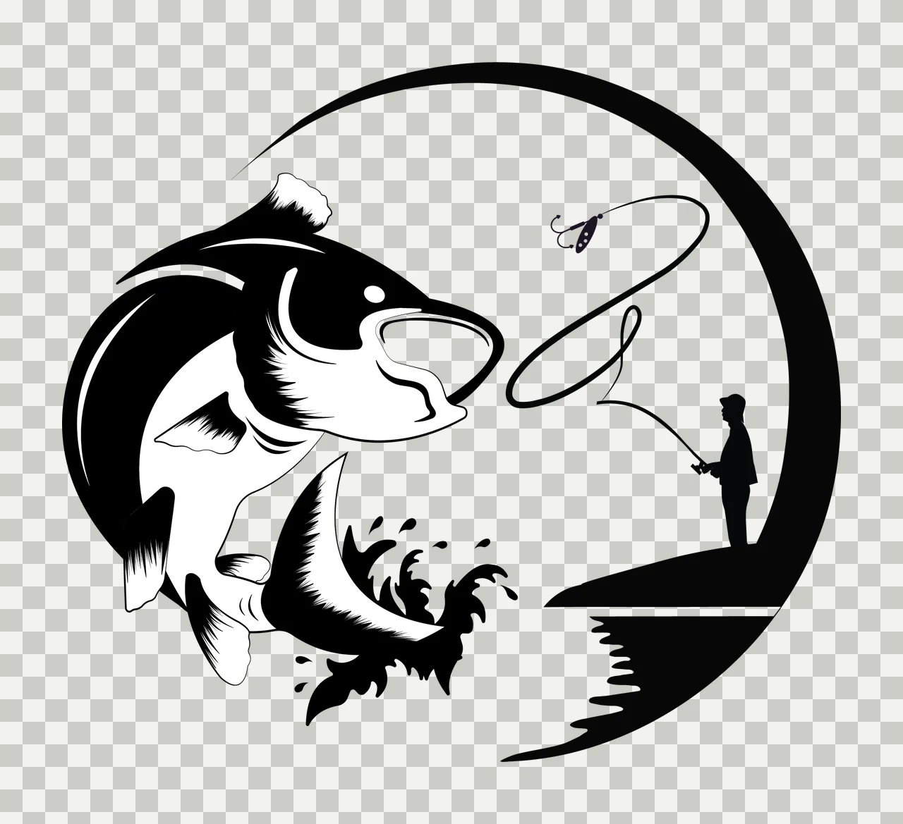 Fisherman Fish Fishing Silhouette With Jumping leaping rod transparency and detail preview thumbnail