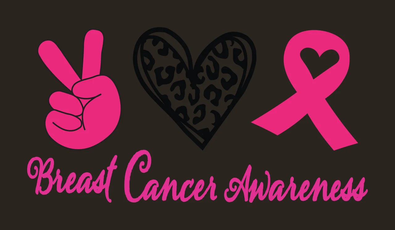 Breast Cancer Awareness Typography Design with pink peace sign hand, black and white leopard print heart, pink awareness ribbon with heart cutout and script lettering in magenta contrast preview thumbnail