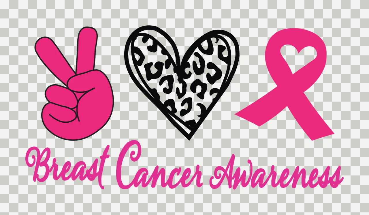 Breast Cancer Awareness Typography Design with pink peace sign hand, black and white leopard print heart, pink awareness ribbon with heart cutout and script lettering in magenta transparency and detail preview thumbnail