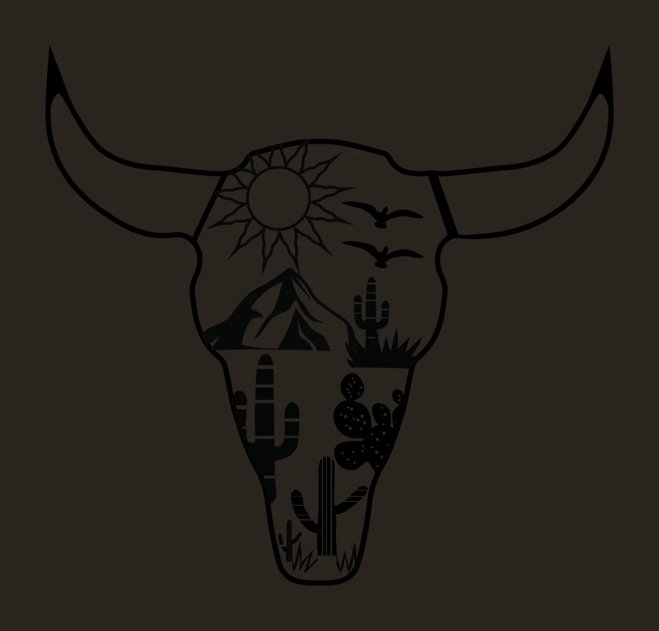 Cow Skull With Desert Landscape cactus mountains birds sun contrast preview thumbnail