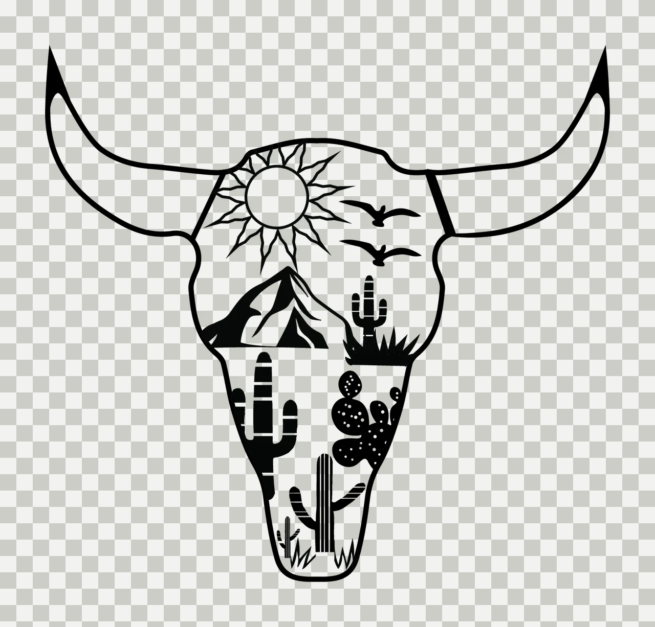 Cow Skull With Desert Landscape cactus mountains birds sun transparency and detail preview thumbnail