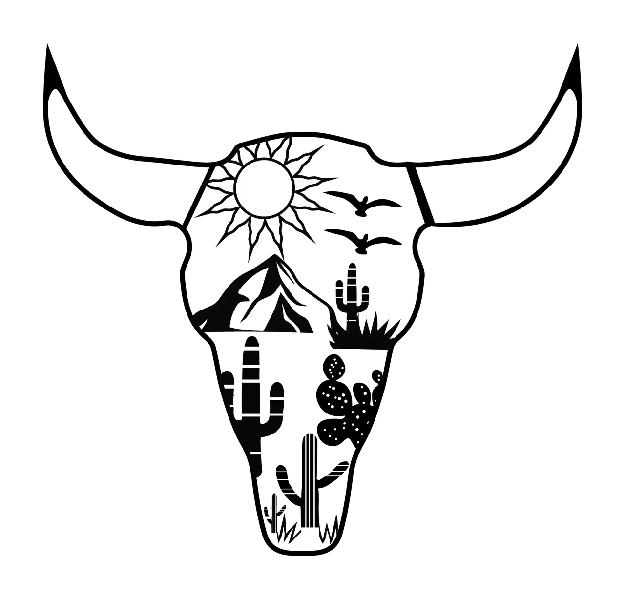 Cow Skull With Desert Landscape cactus mountains birds sun