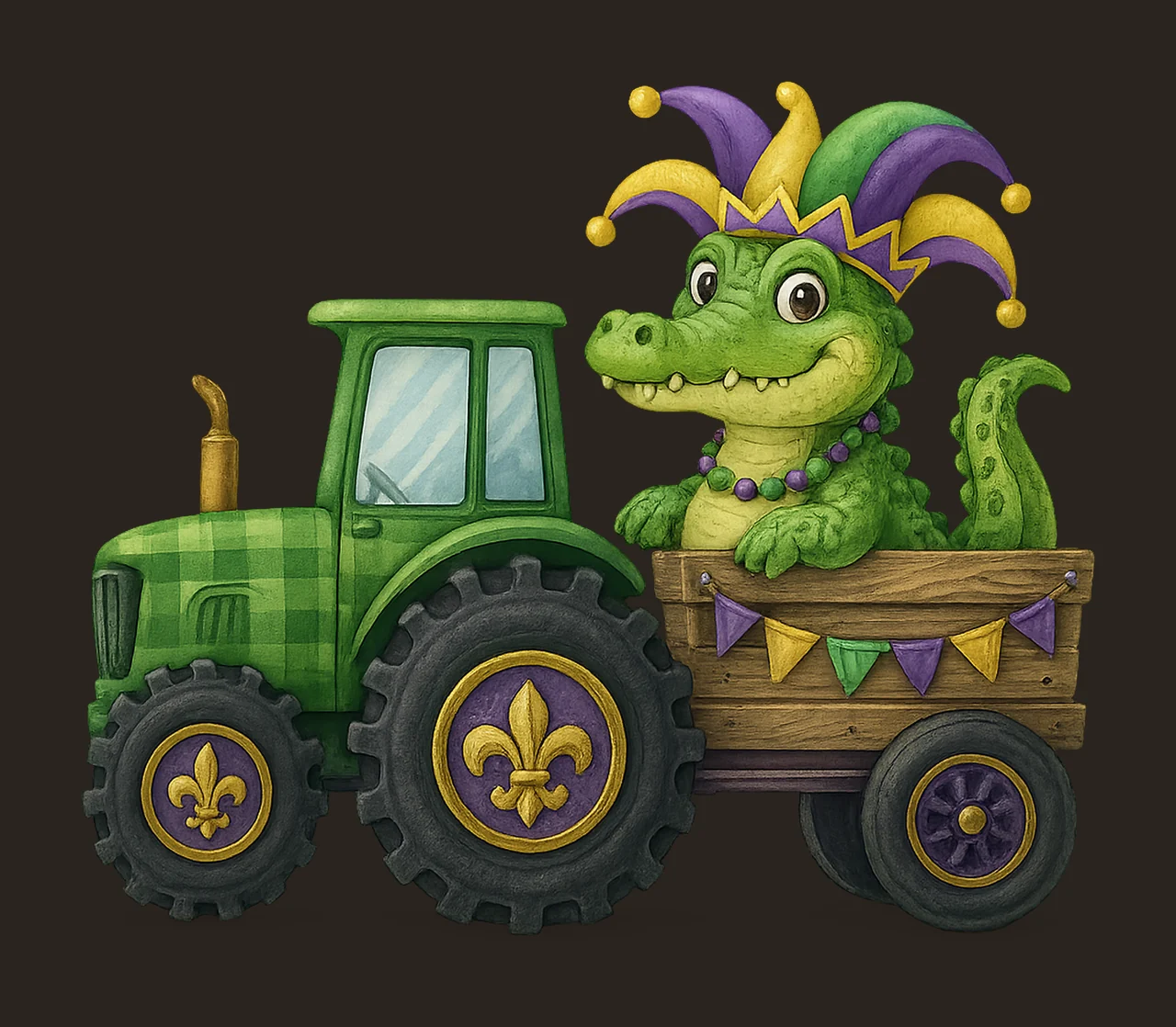 Kids Mardi Gras Alligator Tractor Watercolor Animal Design contrast preview thumbnail