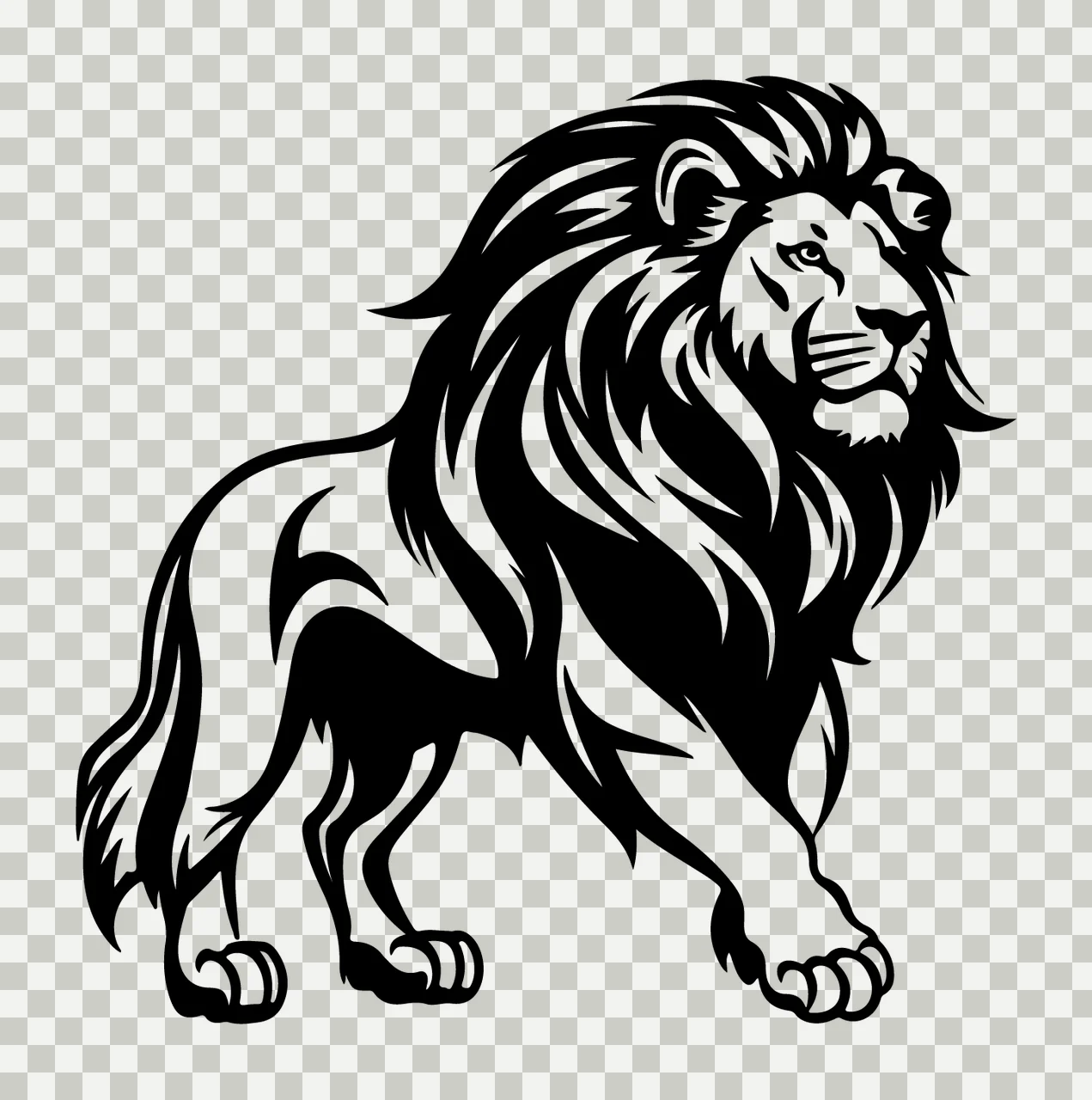 Lion Black And White Walking Illustration mane stencil background transparency and detail preview thumbnail
