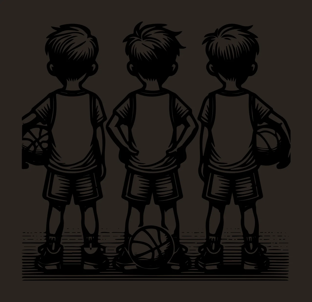 Three Children Holding Basketballs standing engraving black contrast preview thumbnail