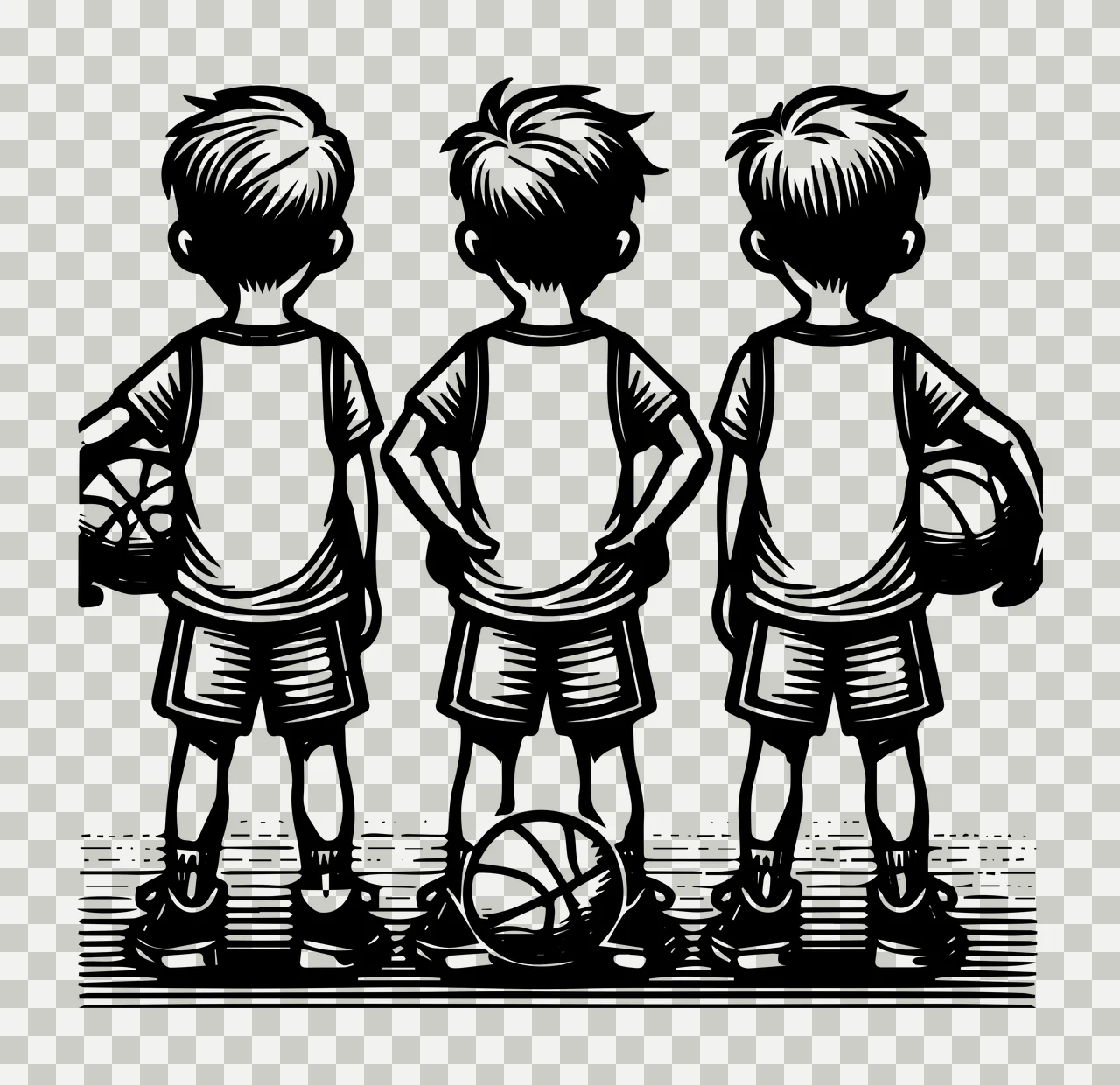 Three Children Holding Basketballs standing engraving black transparency and detail preview thumbnail