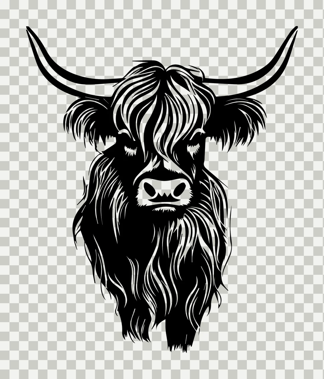 Highland Cow Head Silhouette facing forward horns high contrast transparency and detail preview thumbnail