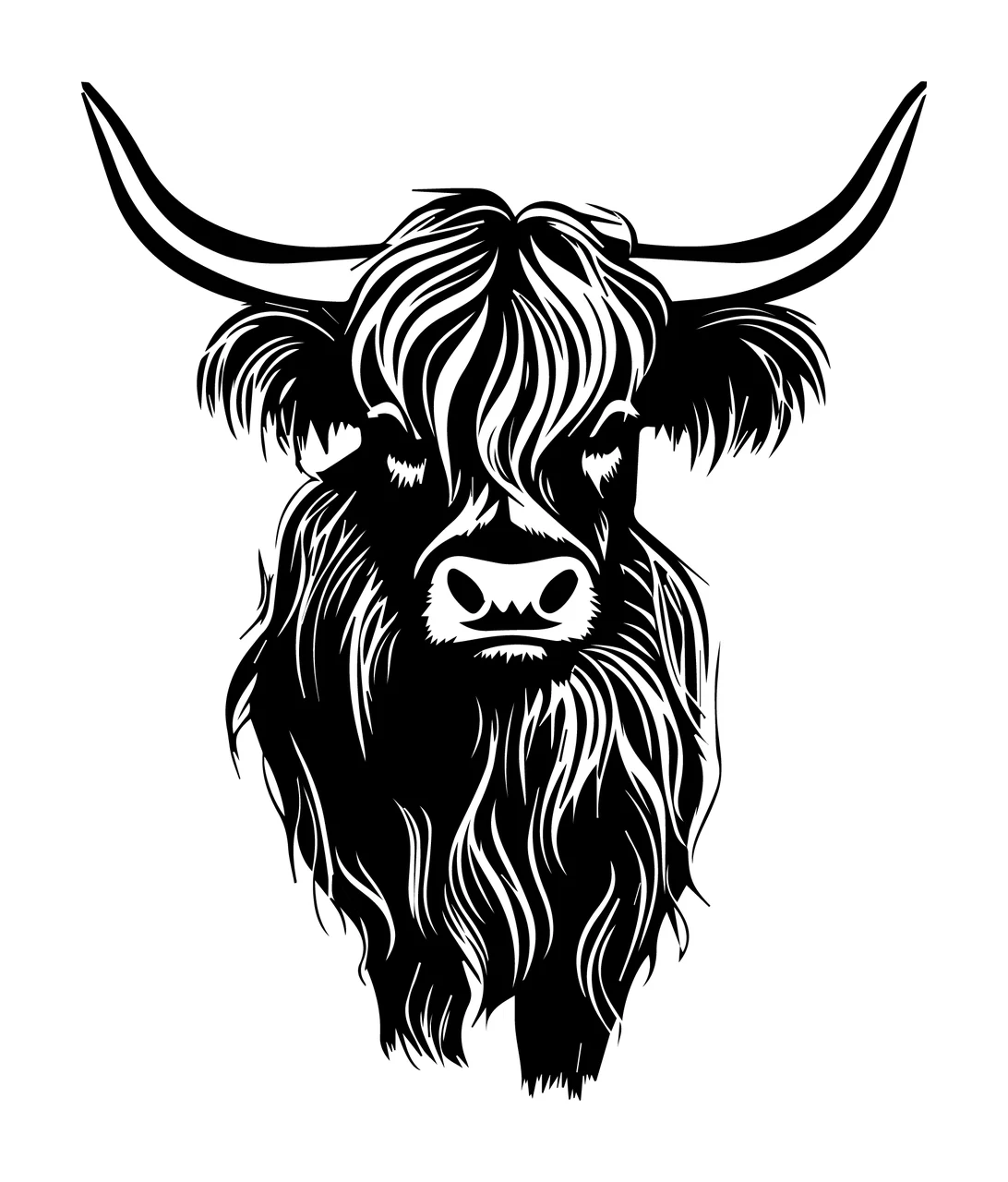 Highland Cow Head Silhouette facing forward horns high contrast