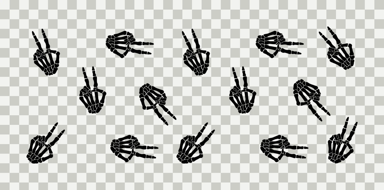 Silhouette Design of Skeleton hand peace sign pattern with black skeleton hand and white background transparency and detail preview thumbnail