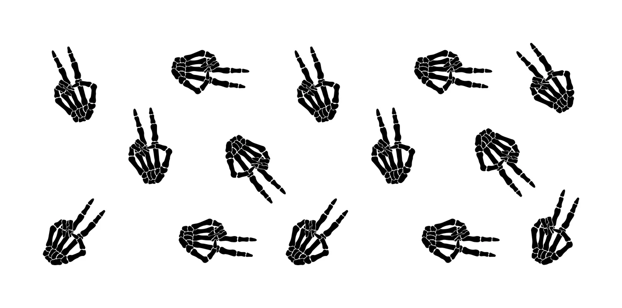 Silhouette Design of Skeleton hand peace sign pattern with black skeleton hand and white background