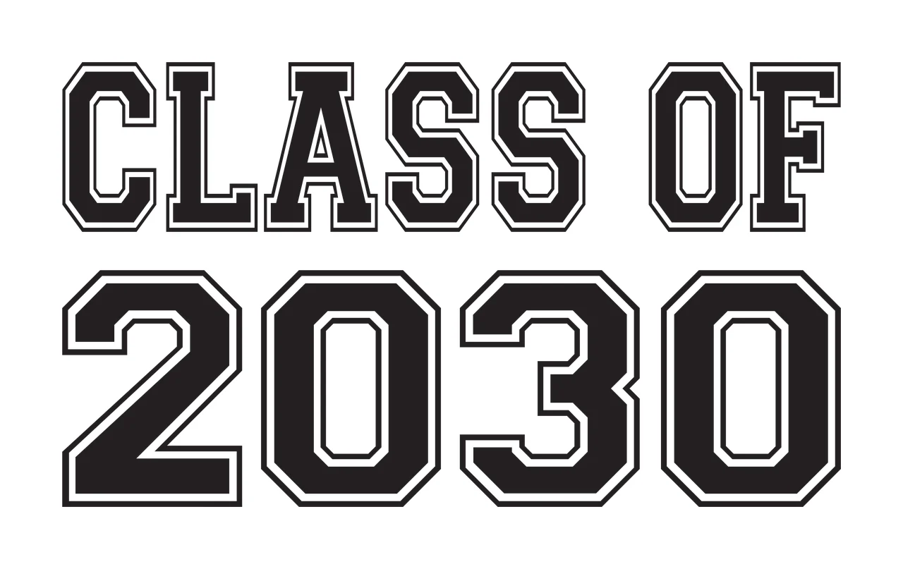 CLASS OF 2030 Typography Design with black text, white outline, bold block letters and two-line layout