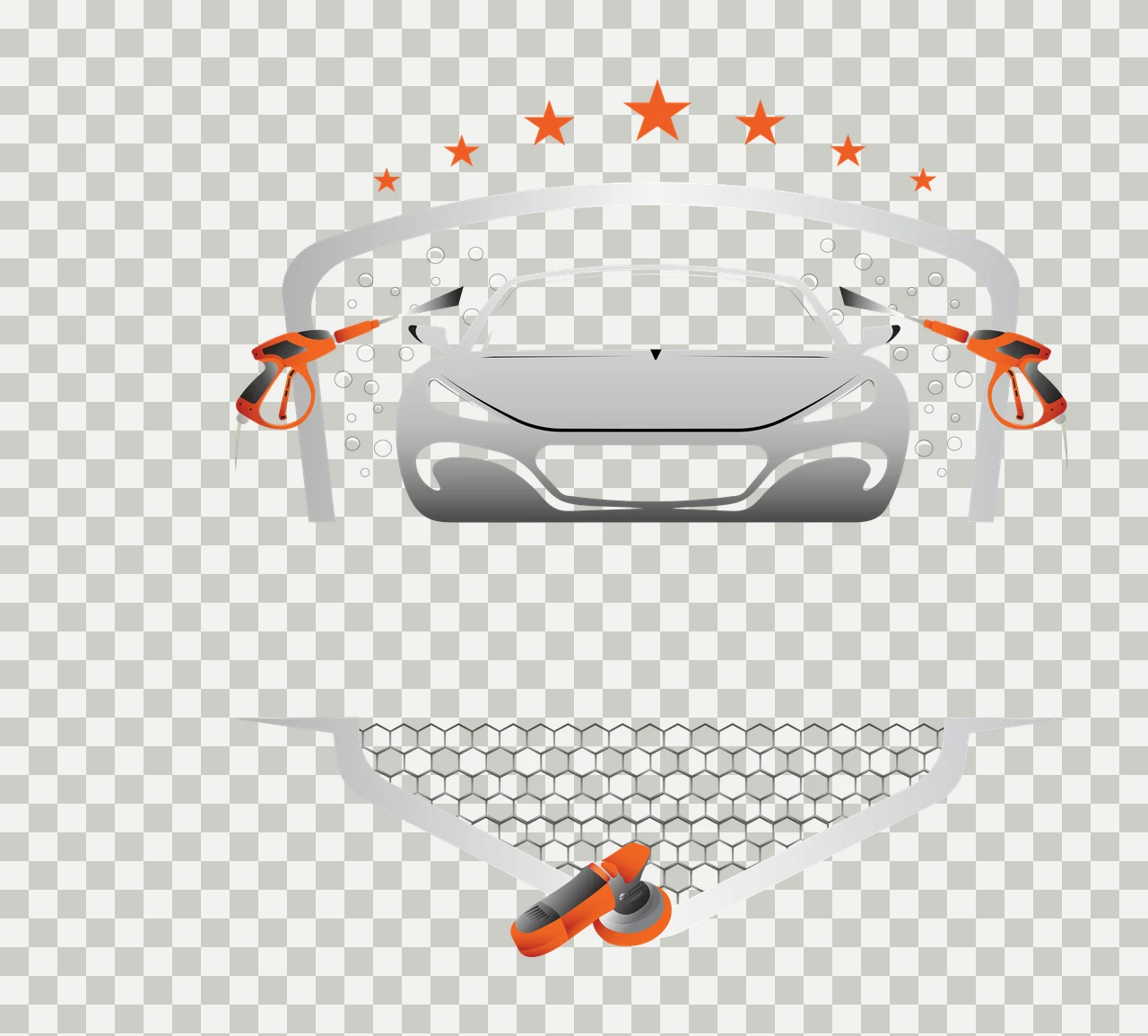 Car wash service logo Illustration with silver car front view, two orange pressure washers, five orange stars and bubbles in gray and black transparency and detail preview thumbnail