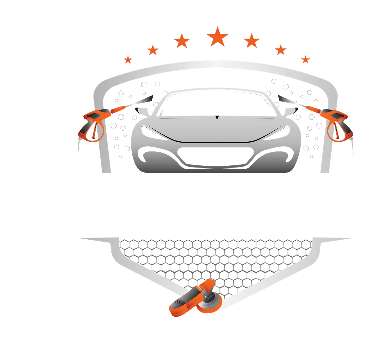 Car wash service logo Illustration with silver car front view, two orange pressure washers, five orange stars and bubbles in gray and black