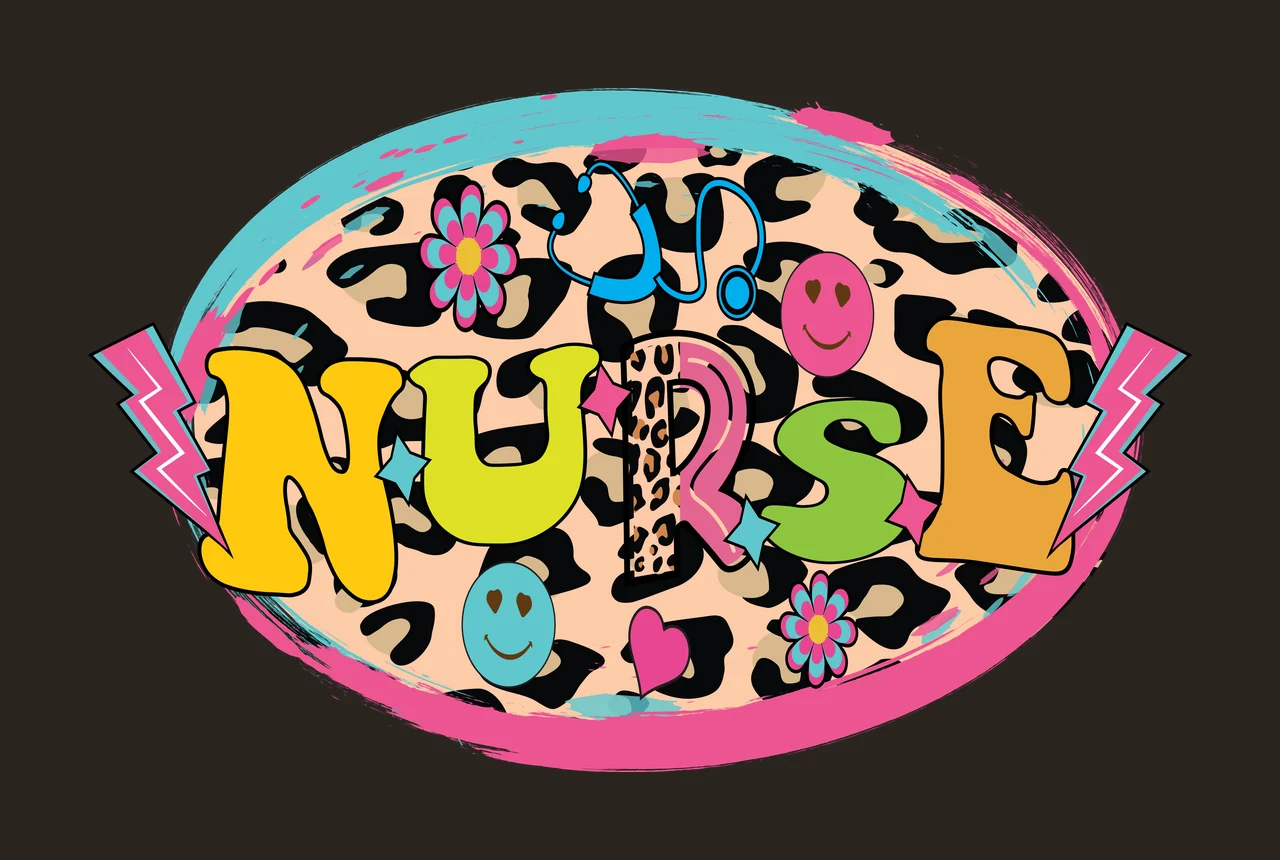 NURSE Typography Design with leopard print background, stethoscope, smiley face and flower in pink, yellow and lime green contrast preview thumbnail