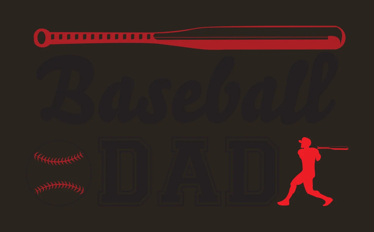 Baseball DAD Typography Design with red bat, baseball with red stitching, black cursive 'Baseball' and black block 'DAD' with white outline contrast preview thumbnail