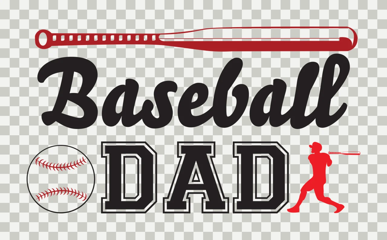 Baseball DAD Typography Design with red bat, baseball with red stitching, black cursive 'Baseball' and black block 'DAD' with white outline transparency and detail preview thumbnail