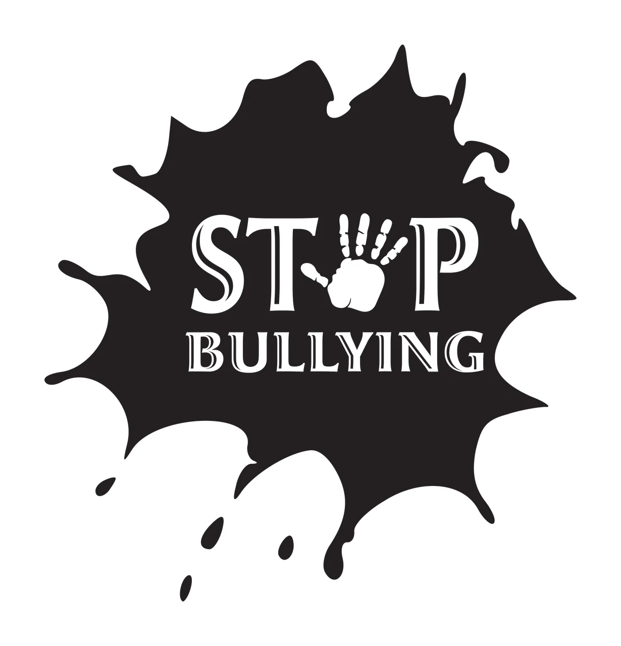 STOP BULLYING Typography Design with black ink splatter, handprint icon, serif text and dripping ink droplets in white