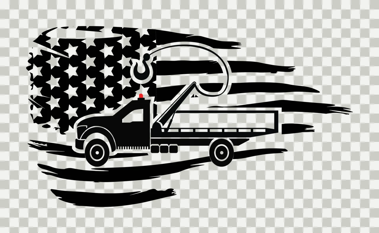 Tow truck with hook, distressed flag in black, white silhouette Style transparency and detail preview thumbnail