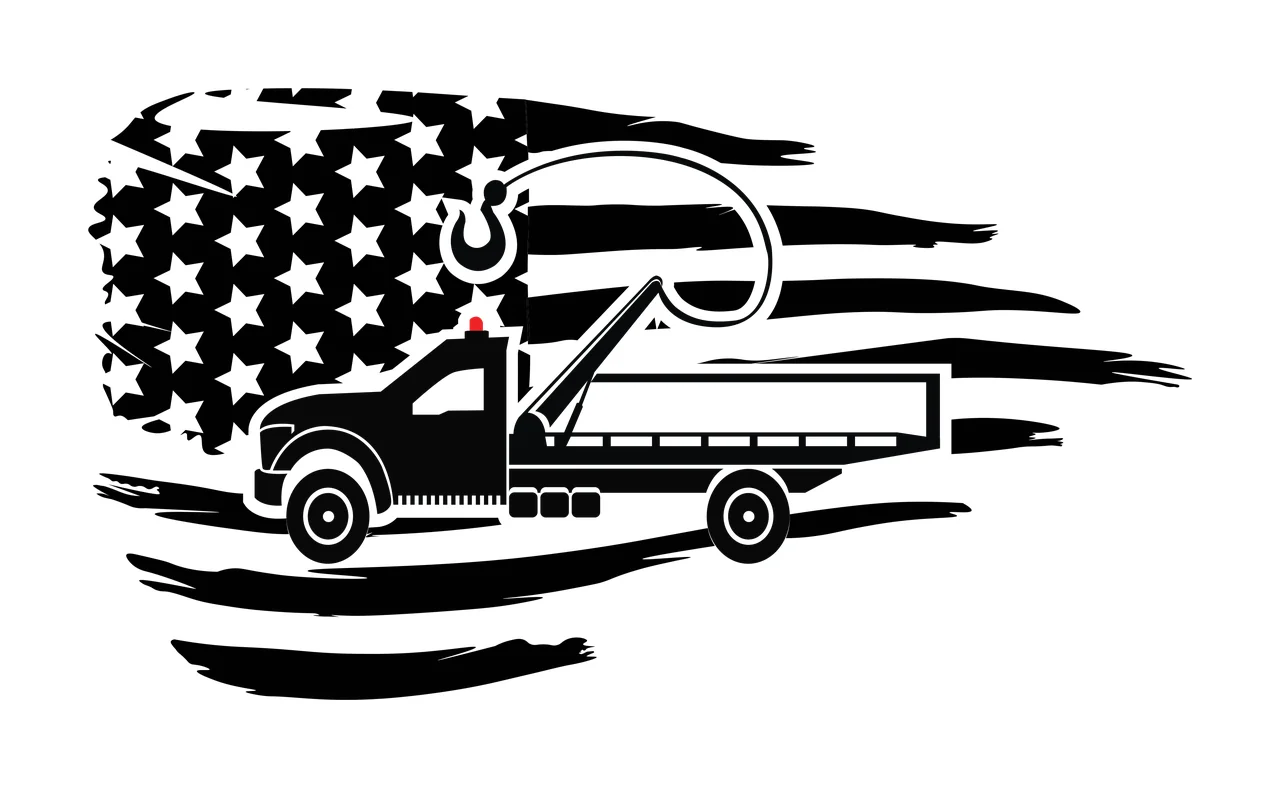 Tow truck with hook, distressed flag in black, white silhouette Style