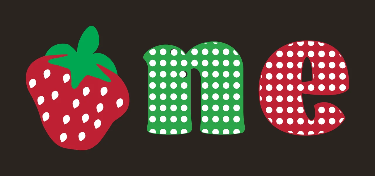 One Typography Design with red strawberry, green letter n, white polka dots and green leaves contrast preview thumbnail