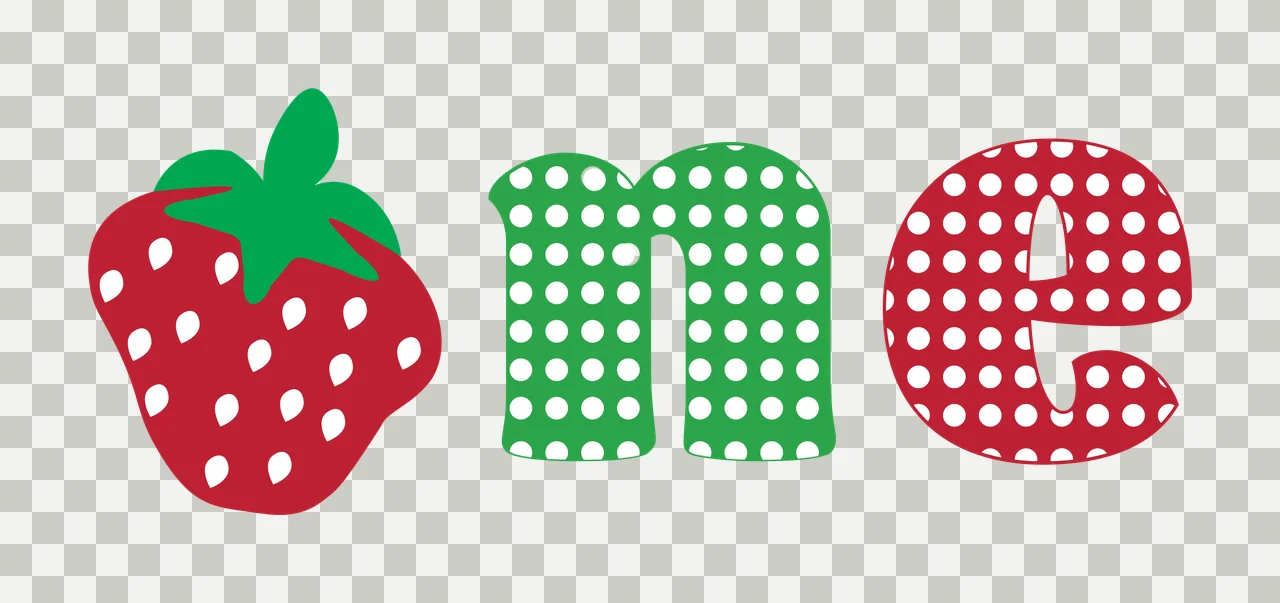 One Typography Design with red strawberry, green letter n, white polka dots and green leaves transparency and detail preview thumbnail