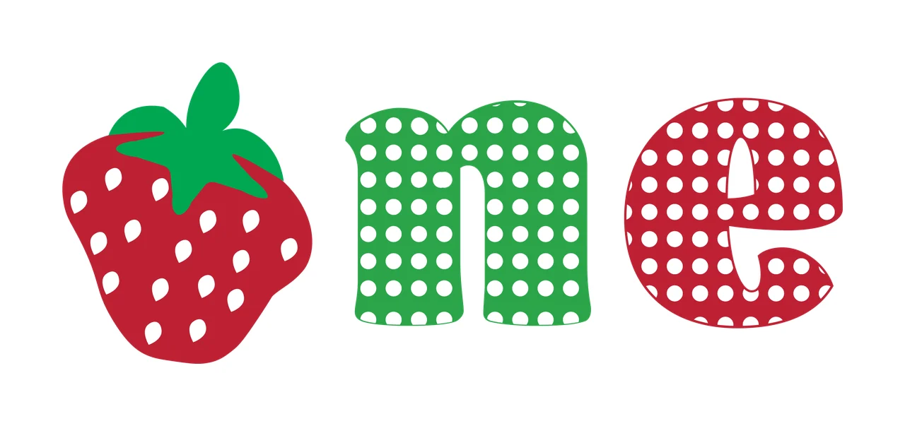 One Typography Design with red strawberry, green letter n, white polka dots and green leaves