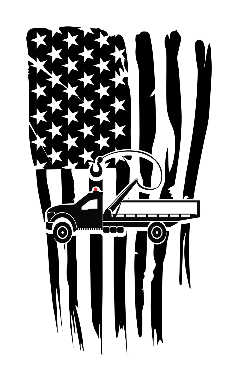 flag with dump truck, stars, stripes in black, white silhouette Style