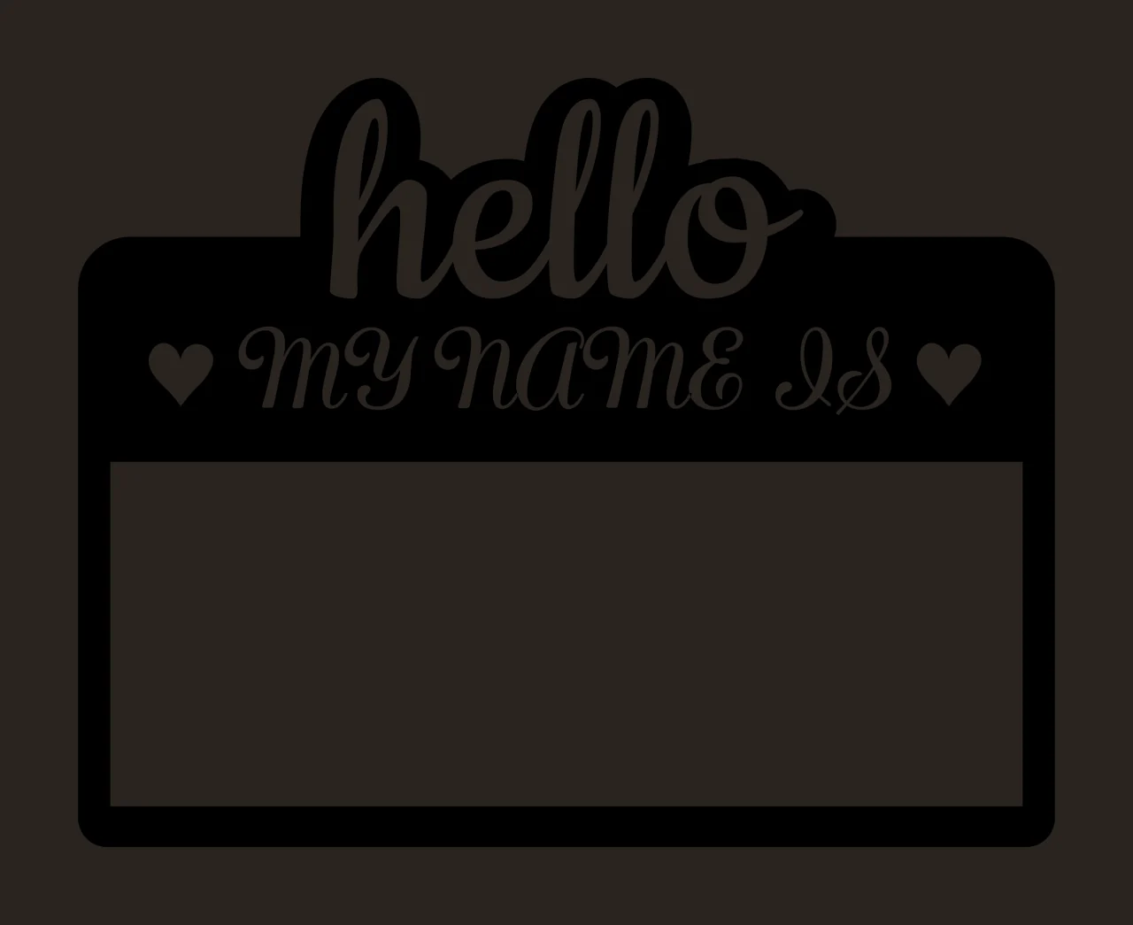 Hello MY NAME IS Name tag sticker Design with rounded rectangle, script text, heart icons and blank rectangular space in black and white contrast preview thumbnail