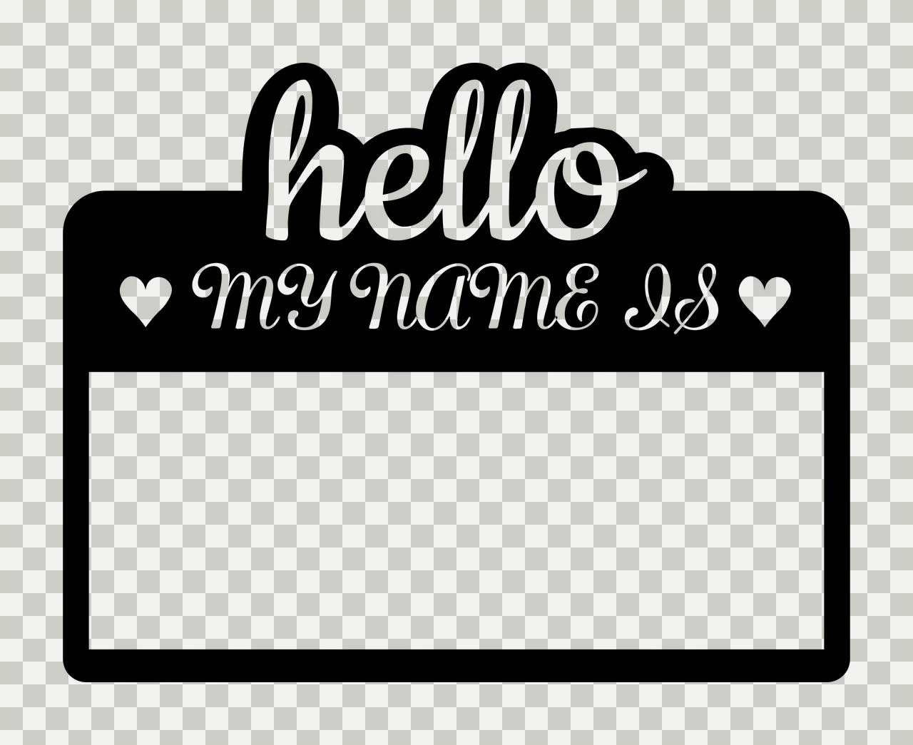 Hello MY NAME IS Name tag sticker Design with rounded rectangle, script text, heart icons and blank rectangular space in black and white transparency and detail preview thumbnail