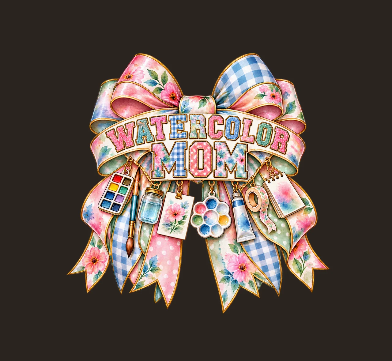 Watercolor Mom Bow Charm PNG, Patterned Varsity Mom Ribbon Clipart, Transparent Sublimation Digital Download contrast preview thumbnail