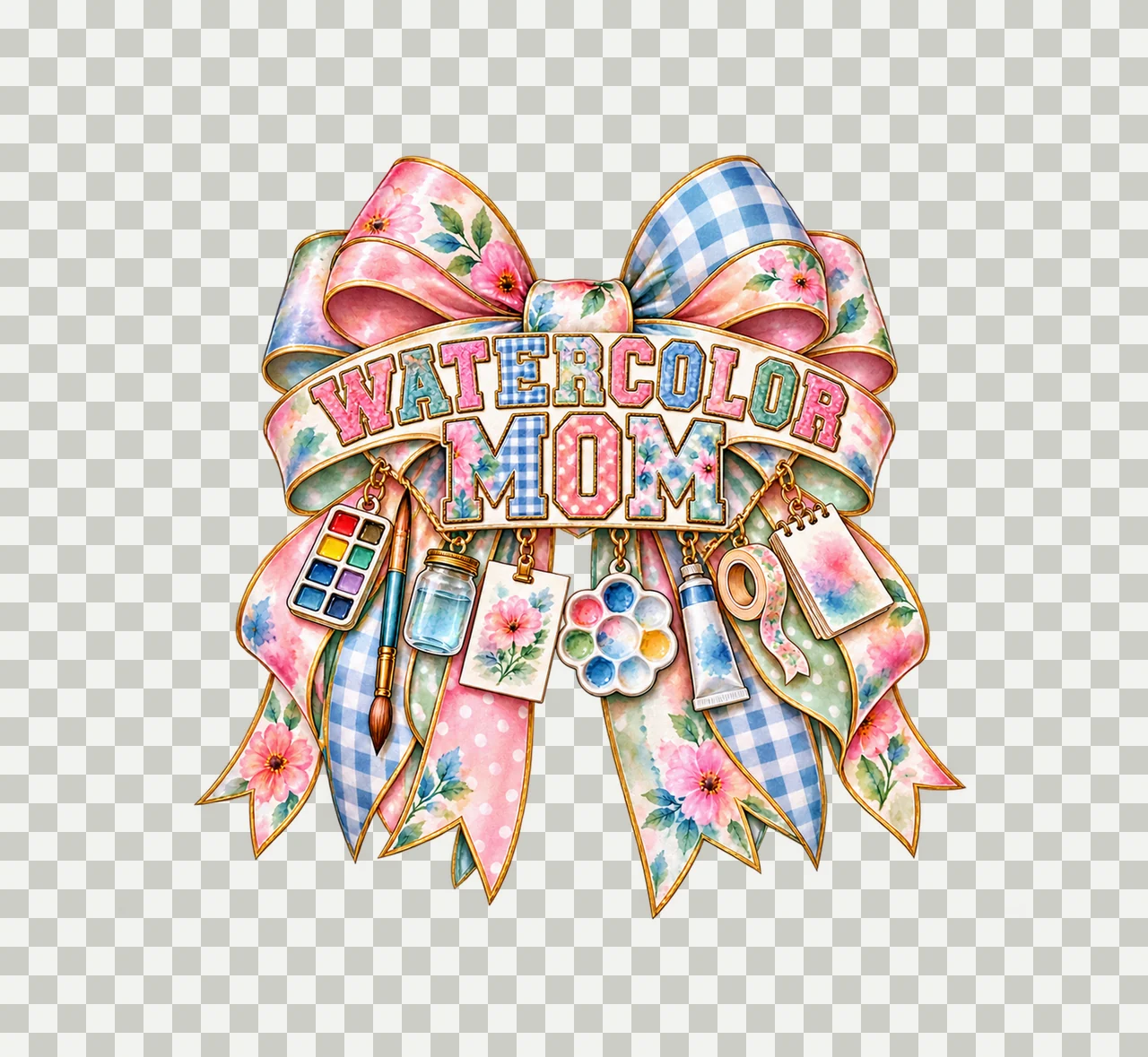 Watercolor Mom Bow Charm PNG, Patterned Varsity Mom Ribbon Clipart, Transparent Sublimation Digital Download transparency and detail preview thumbnail