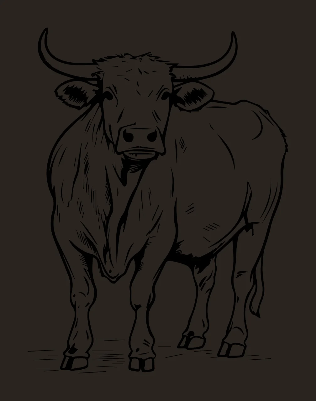 Cow Horned Black And White Illustration standing horns hooves contrast preview thumbnail
