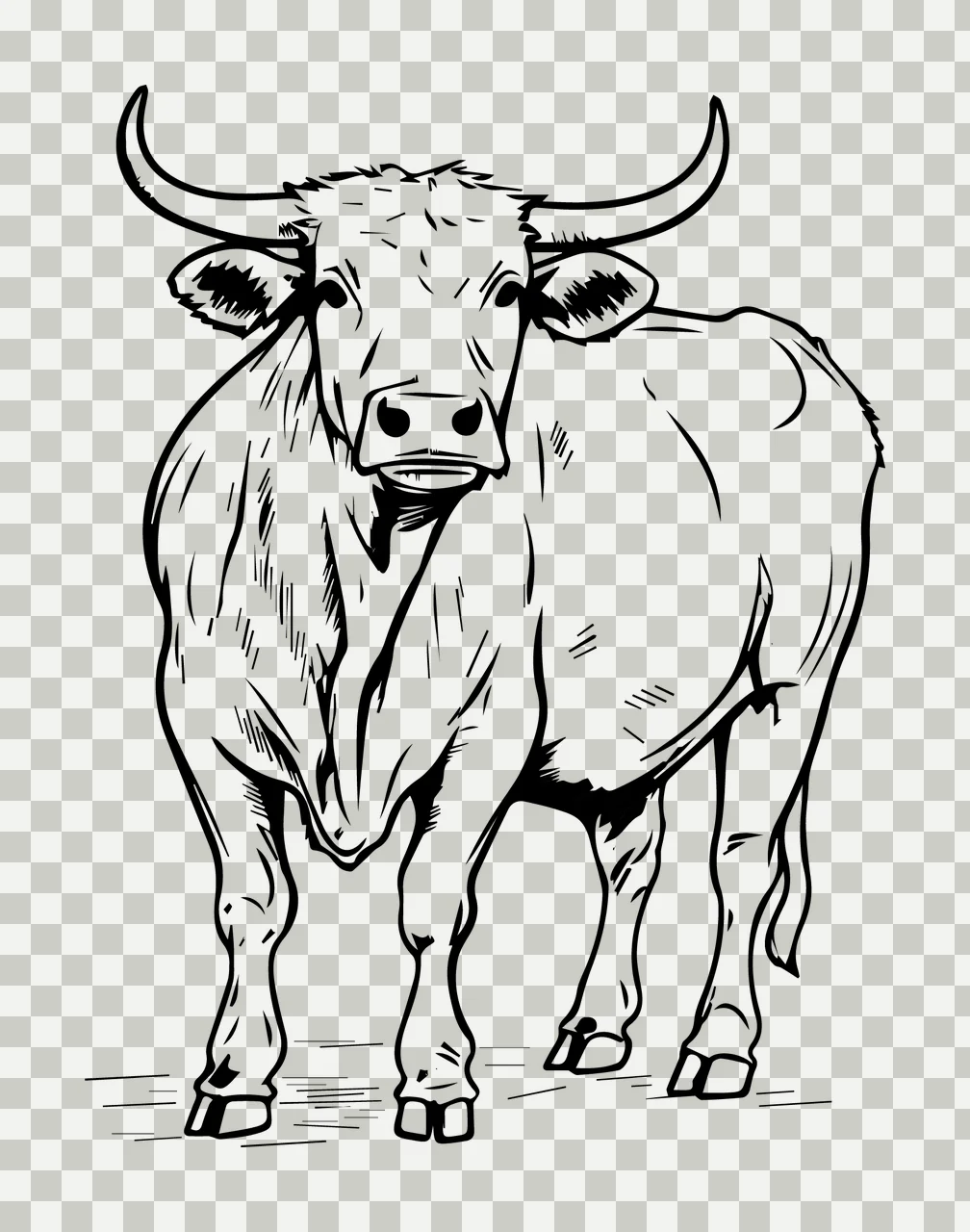 Cow Horned Black And White Illustration standing horns hooves transparency and detail preview thumbnail