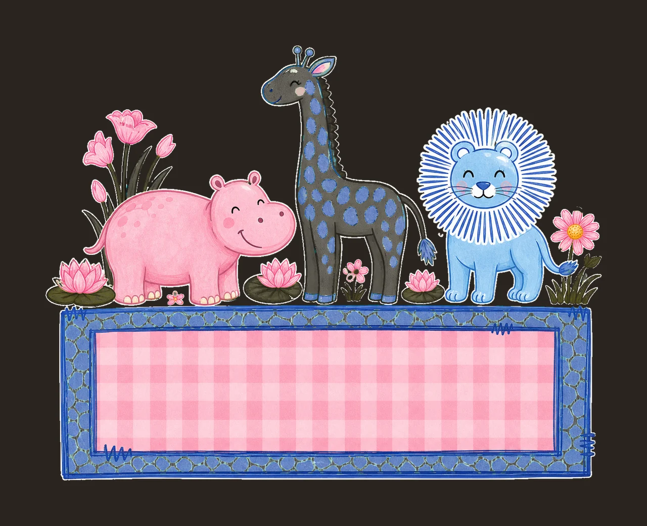 Hippo giraffe and lion trio with Name Patch girl Variation C contrast preview thumbnail