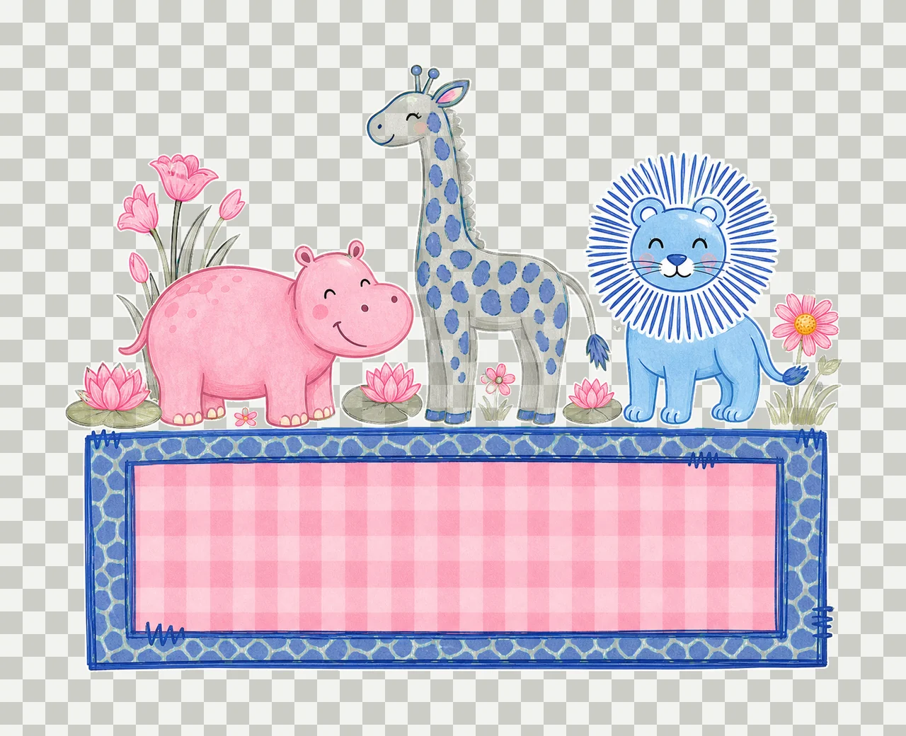 Hippo giraffe and lion trio with Name Patch girl Variation C transparency and detail preview thumbnail