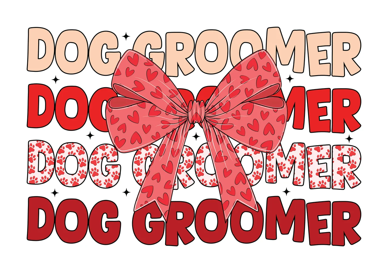 Dog Bow Dog Groomer Repeated Black Text Reading displaying