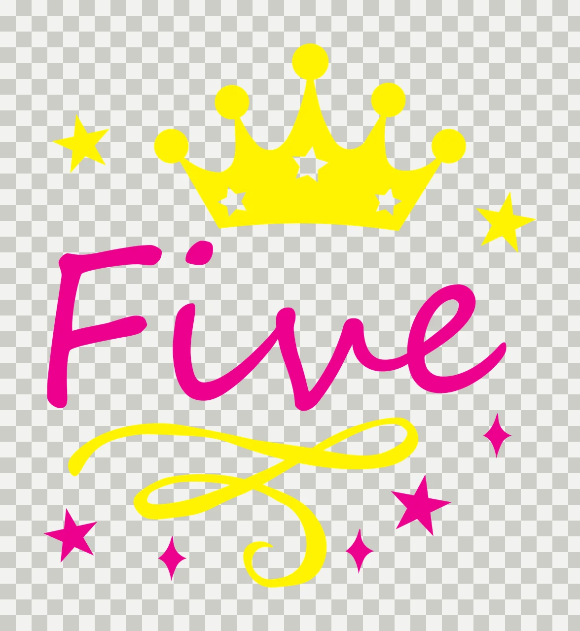 Five Fifth birthday Design with pink cursive text, yellow crown and white stars transparency and detail preview thumbnail