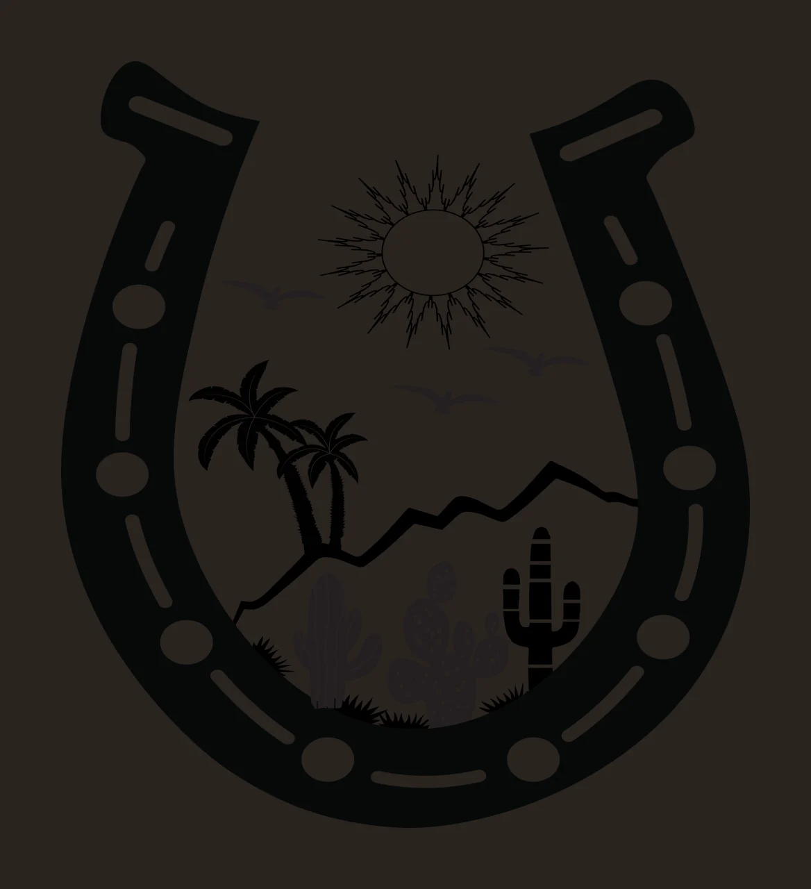 Silhouette Design of horseshoe framing a desert landscape with cactus, palm trees, mountains and sun in black and white contrast preview thumbnail