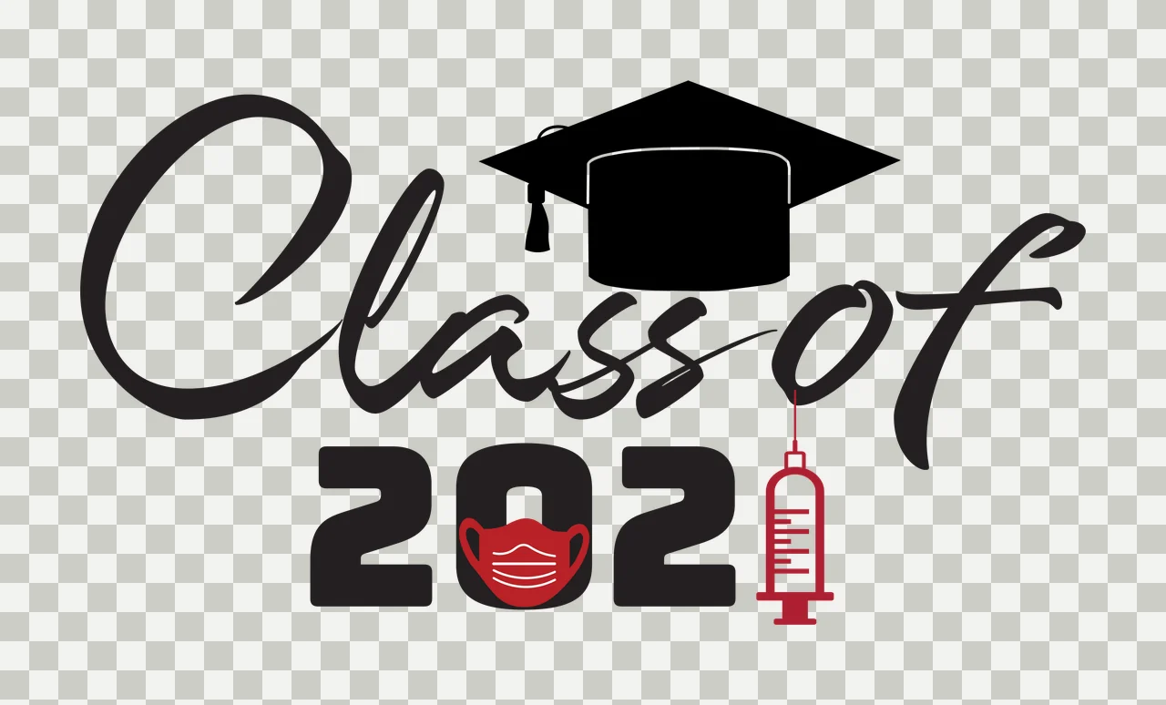 Class of 2021 Graduation commemorative design with black graduation cap, black cursive 'Class of', black '202' and red face mask transparency and detail preview thumbnail
