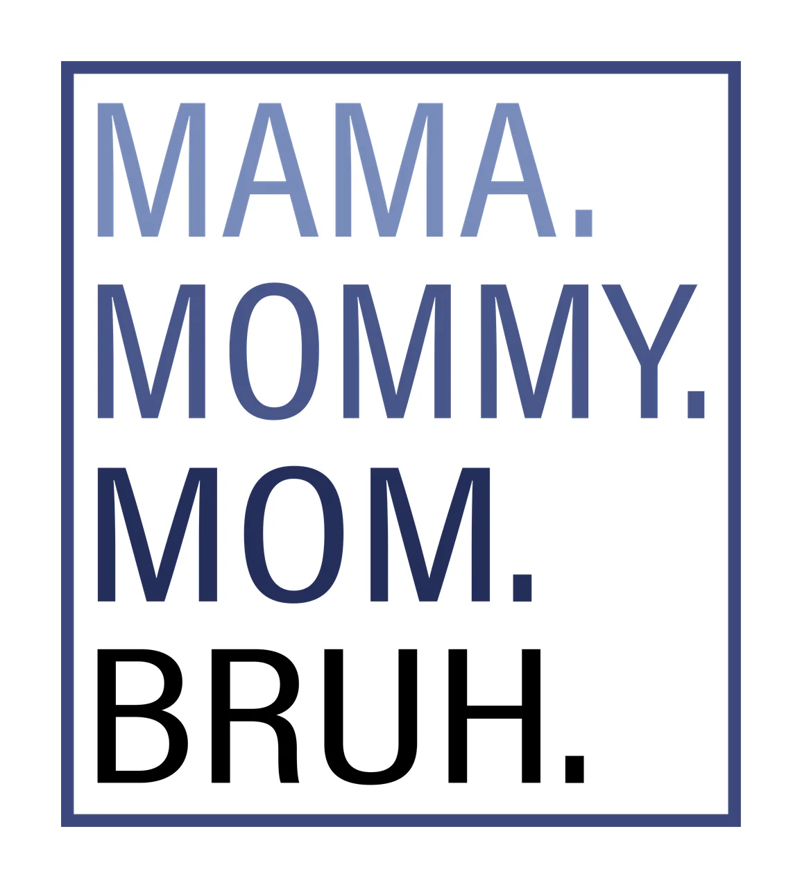 MAMA. MOMMY. MOM. BRUH. Typography Design with blue square border in dark blue and black