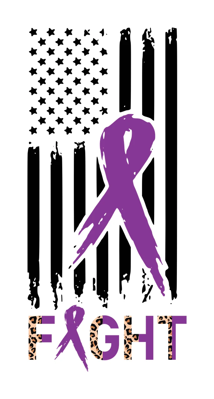 FIGHT Awareness Typography Design with purple awareness ribbon, black and white grunge American flag, leopard-print letters and letter 'F' with leopard print