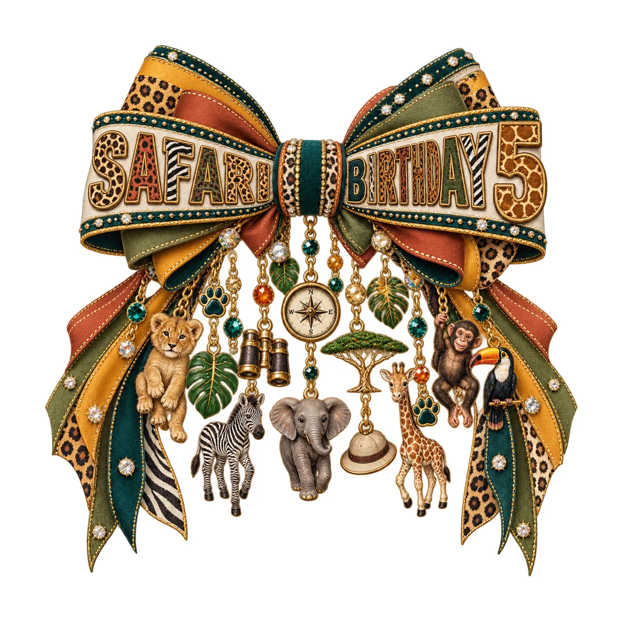 Safari Birthday 5 Bow Charm PNG, Jungle Animal Birthday Clipart, Transparent Sublimation Digital Download