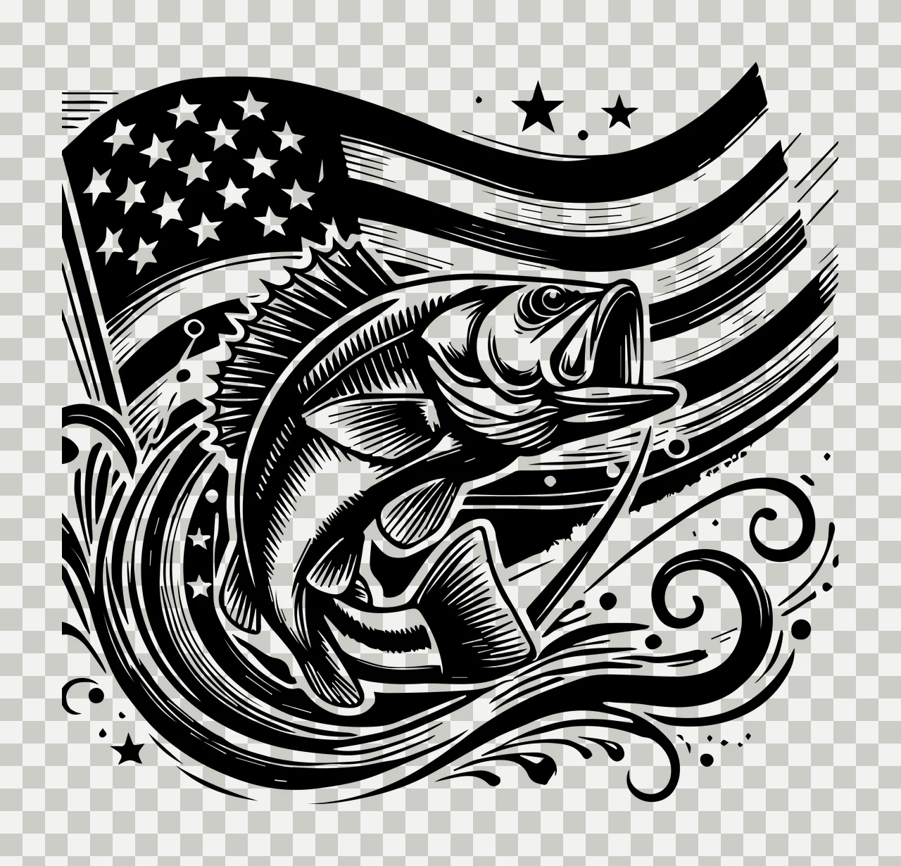 Fish Jumping Over Us Flag stars waves black white Abstract background transparency and detail preview thumbnail