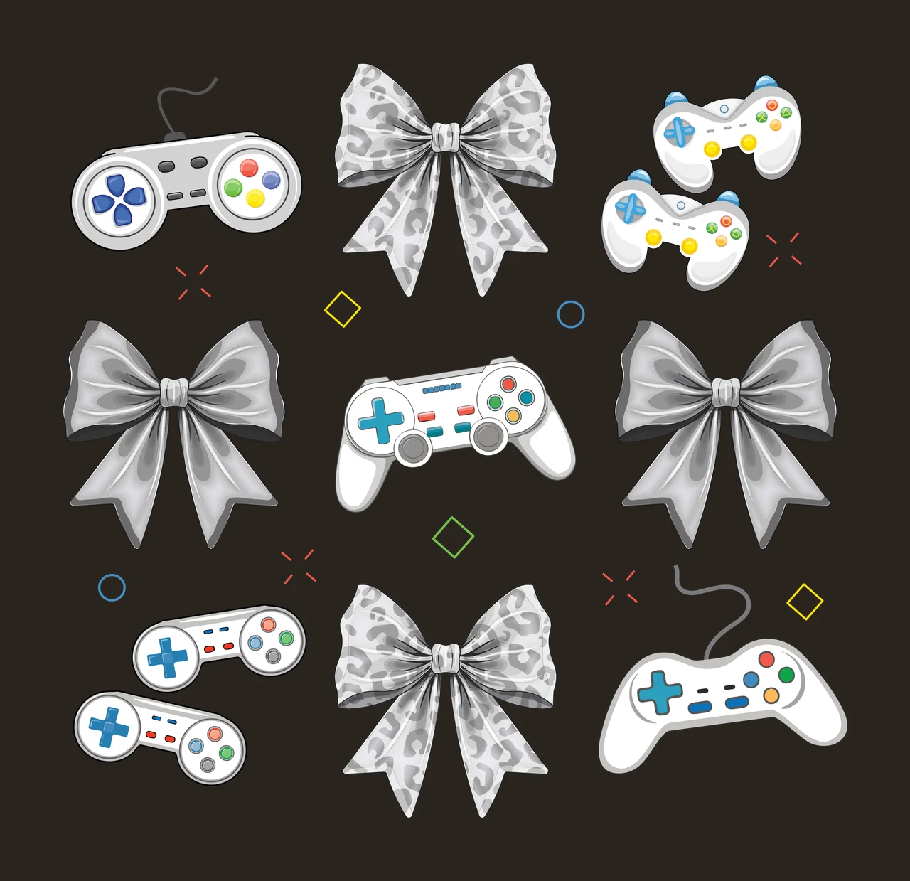 Assorted Black Silhouettes Of Bows And Game Controllers circles contrast preview thumbnail