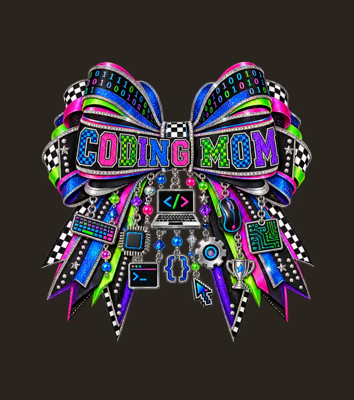 Coding Mom Bow Charm PNG, Patterned Varsity Mom Ribbon Clipart, Transparent Sublimation Digital Download contrast preview thumbnail