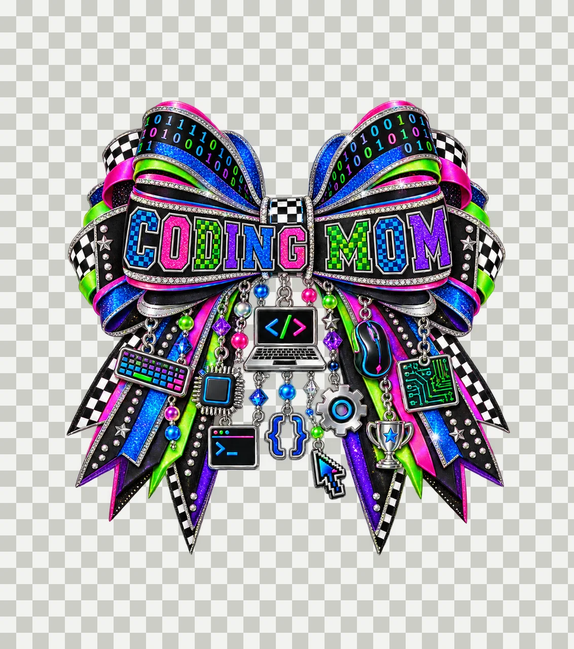 Coding Mom Bow Charm PNG, Patterned Varsity Mom Ribbon Clipart, Transparent Sublimation Digital Download transparency and detail preview thumbnail