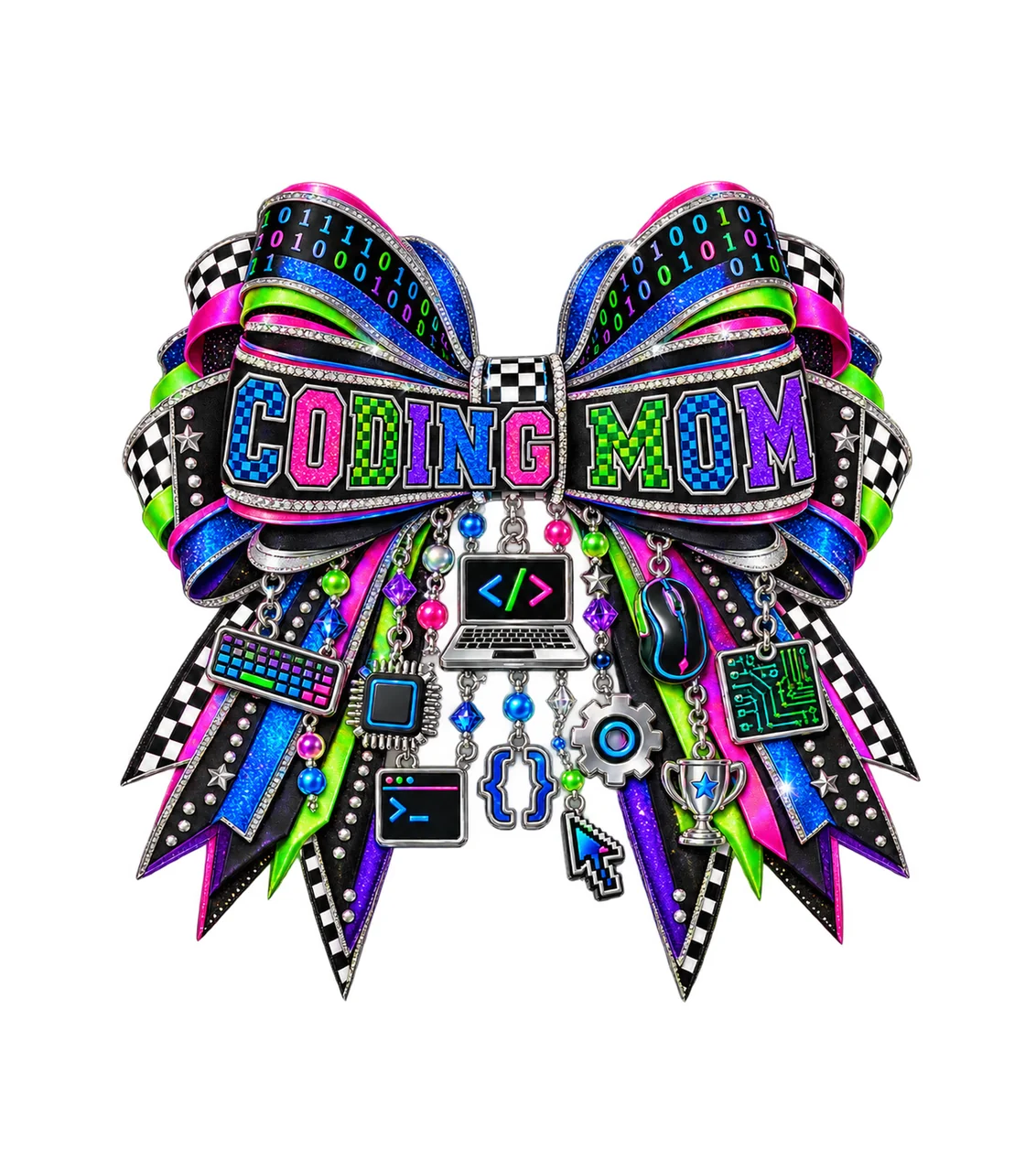 Coding Mom Bow Charm PNG, Patterned Varsity Mom Ribbon Clipart, Transparent Sublimation Digital Download